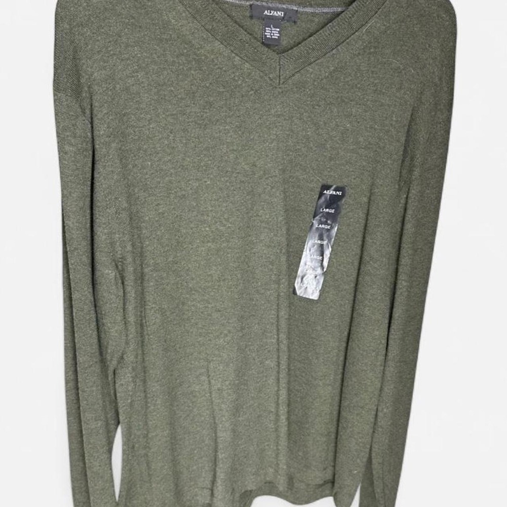 Alfani Mens V-Neck Sweater Olive Green Cotton Modal Knit Pullover Large NEW